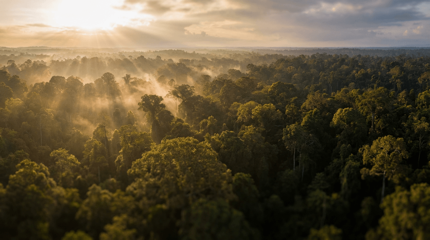Aerial view of Sarawak's rainforest canopy at dawn