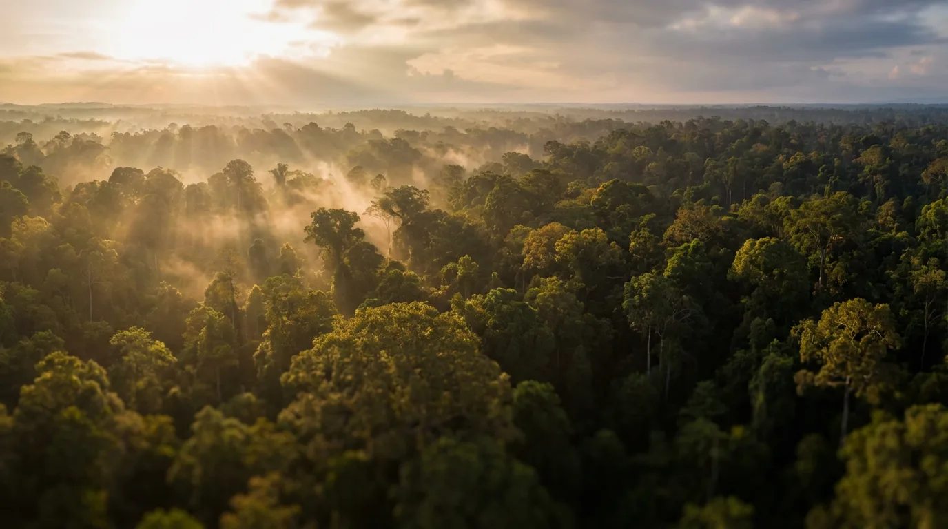 Aerial view of Sarawak's rainforest canopy at dawn
