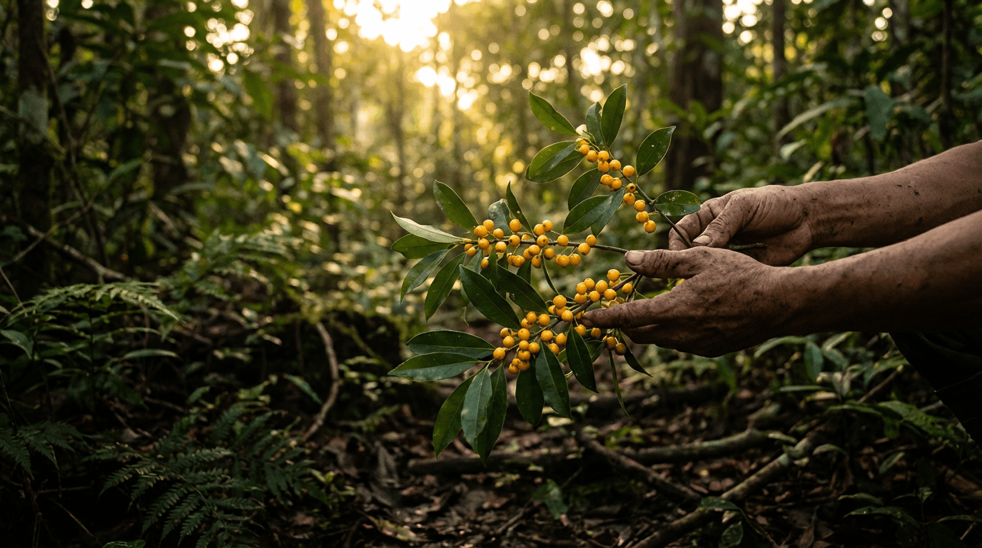 Litsea cubeba berries being harvested in a Sarawak rainforest