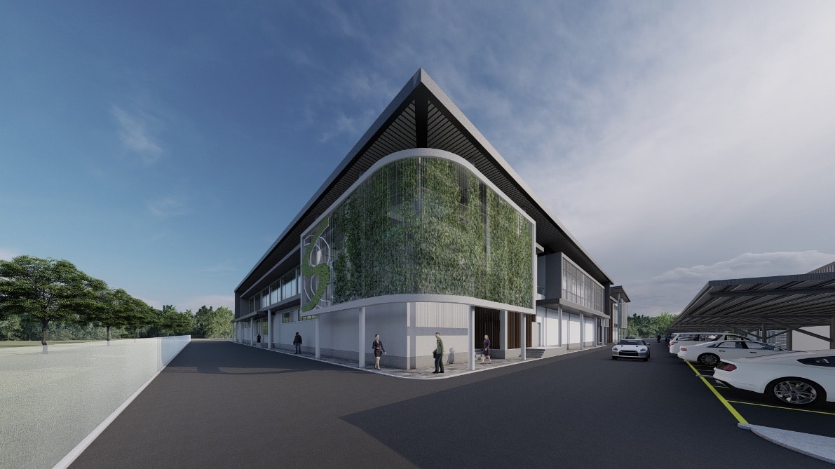 Artist's impression of the Sarawak Bioindustrial Park central hub — a modern building with a living green facade