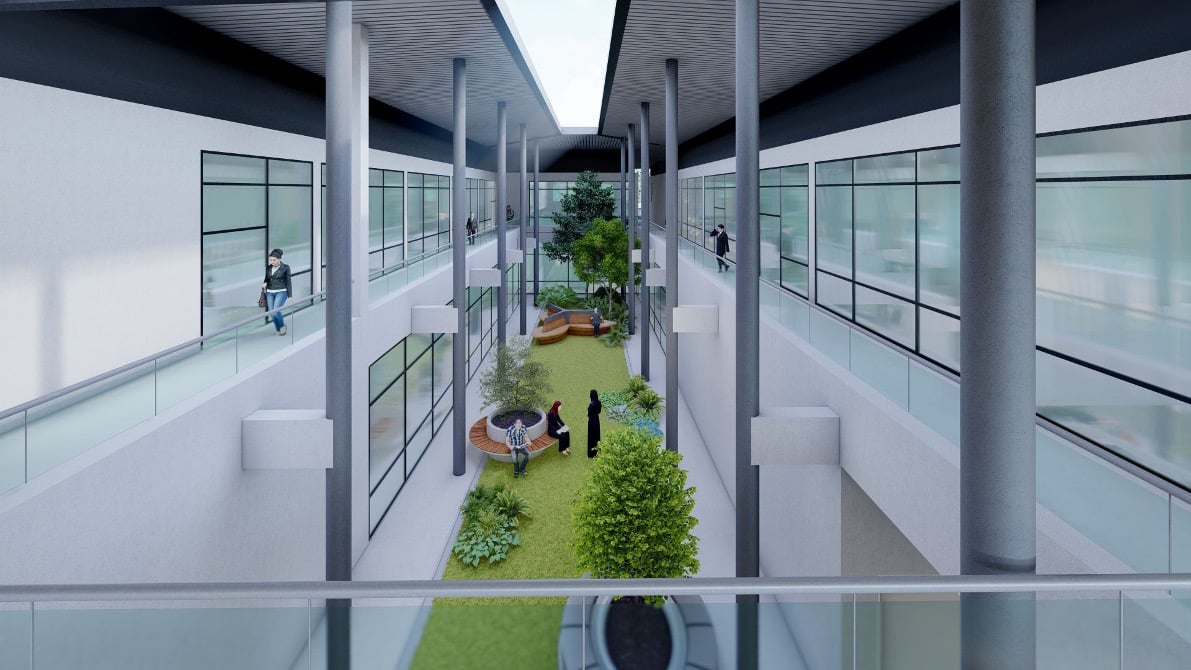 Artist's impression — upper gallery walkways overlooking a lush internal garden